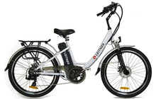 Load image into Gallery viewer, A  white Leitner Venice Cruiser electric bike with a step-through frame and integrated handlebars features a Samsung cell battery, puncture-resistant tires, and accessories like mudguards and a rear rack. Leitner Venice is certified to EN15194.