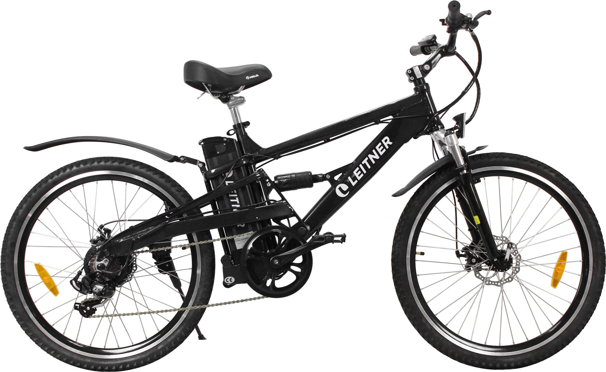 Leitner CrossX dual suspension e-mountain-bike in black, side profile on white background